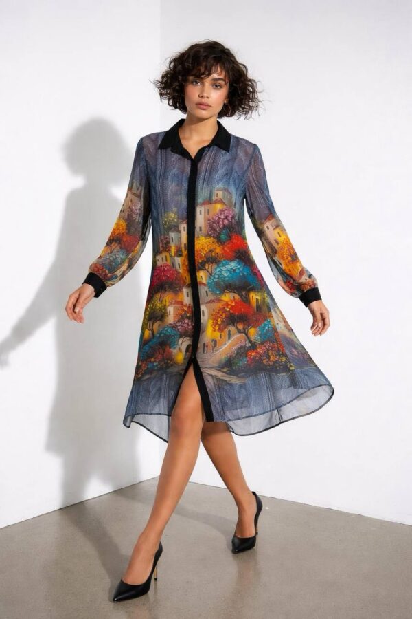 Artistic Landscape Print Shirt Dress