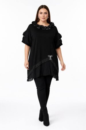 Elegant Ruffled Layered Black Blouse with Embellishments