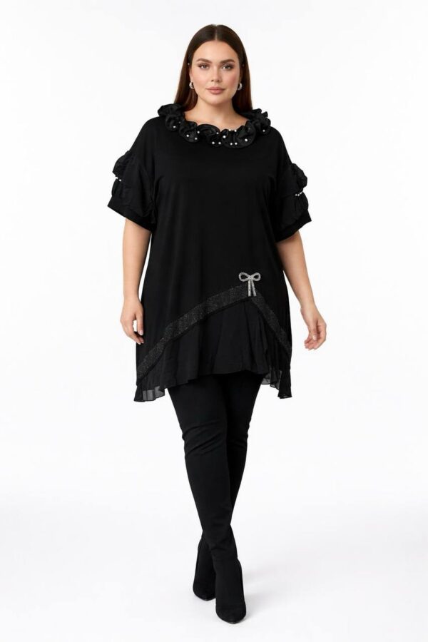 Elegant Ruffled Layered Black Blouse with Embellishments