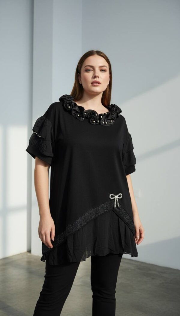 Elegant Ruffled Layered Black Blouse with Embellishments