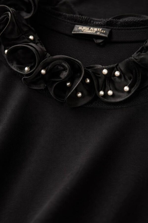 Elegant Ruffled Layered Black Blouse with Embellishments