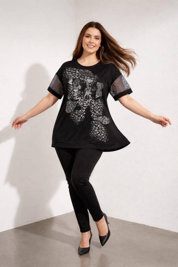 Elegant Black Animal Print Blouse with Mesh Sleeves