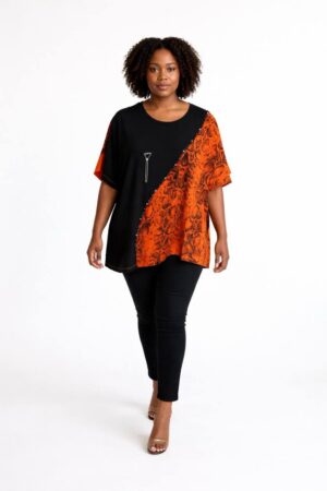 Elegant Asymmetrical Orange Snakeskin Print Blouse