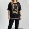 Women's Graphic Cat Print Blouse with Contrast Piping