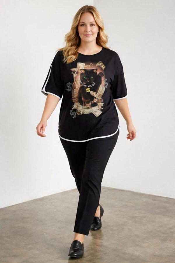 Women's Graphic Cat Print Blouse with Contrast Piping