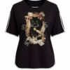 Women's Graphic Cat Print Blouse with Contrast Piping