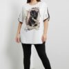 Women's Graphic Cat Print Blouse with Contrast Piping