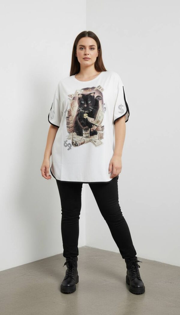 Women's Graphic Cat Print Blouse with Contrast Piping