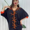 Elegant V-Neck Blouse with Contrast Coral Embroidery