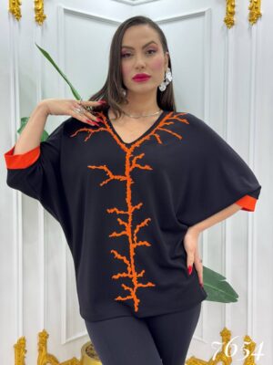 Elegant V-Neck Blouse with Contrast Coral Embroidery