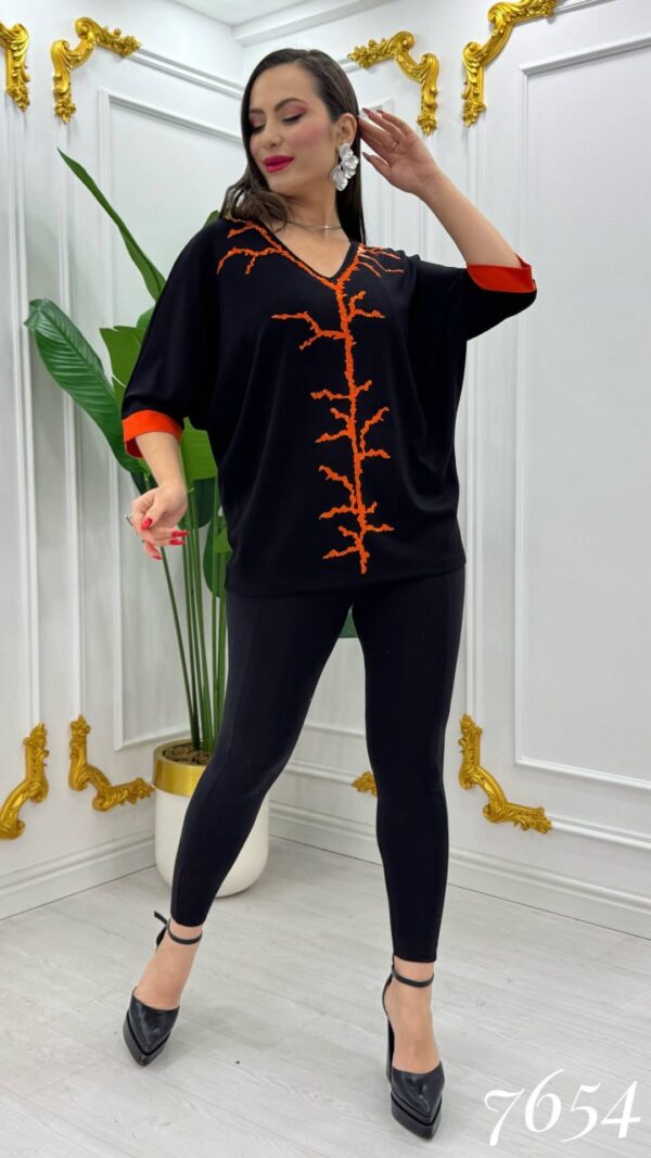 Elegant V-Neck Blouse with Contrast Coral Embroidery