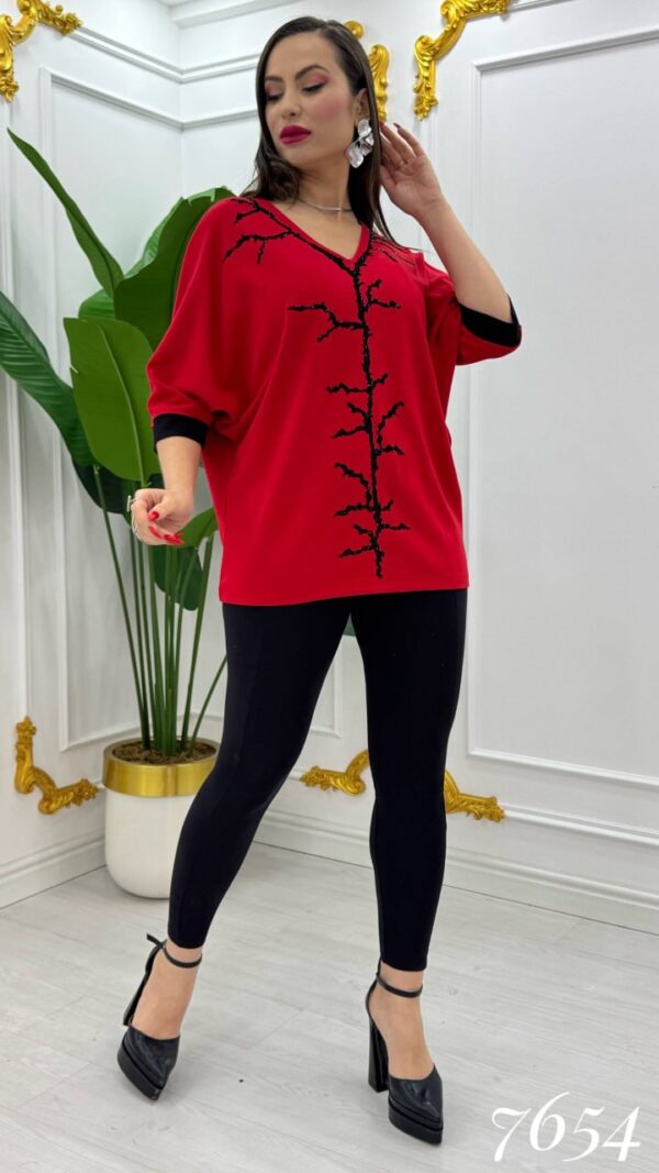Elegant V-Neck Blouse with Contrast Coral Embroidery