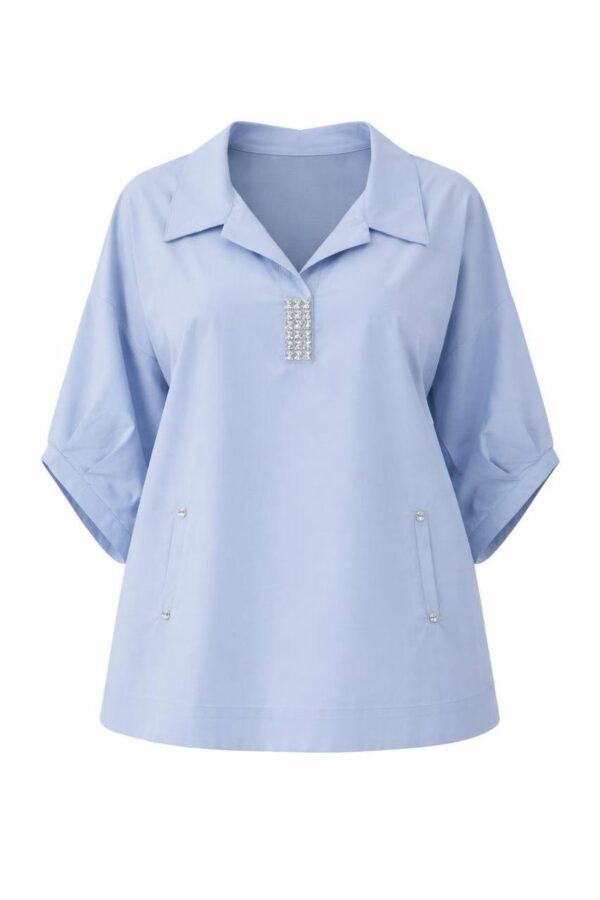 Elegant Light Blue V-Neck Tunic with Rhinestone Detail
