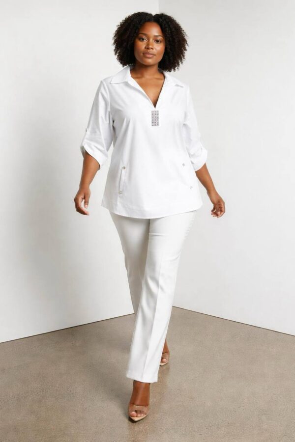 Elegant Light Blue V-Neck Tunic with Rhinestone Detail