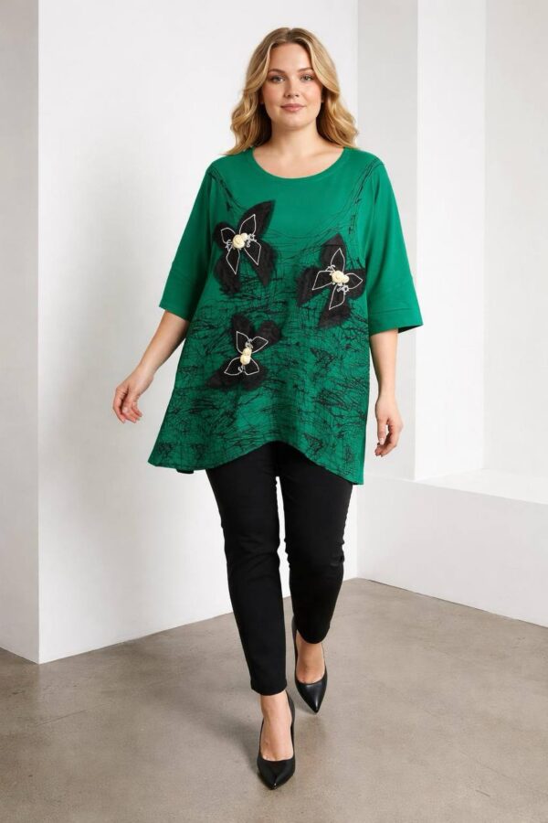 Women's Emerald Green Butterfly Embellished Tunic Blouse