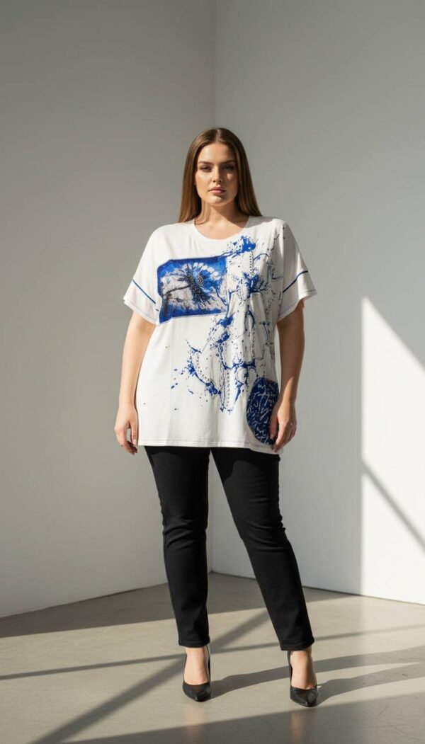Artistic Graphic Print White Short Sleeve Blouse