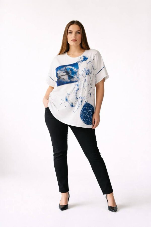 Artistic Graphic Print White Short Sleeve Blouse