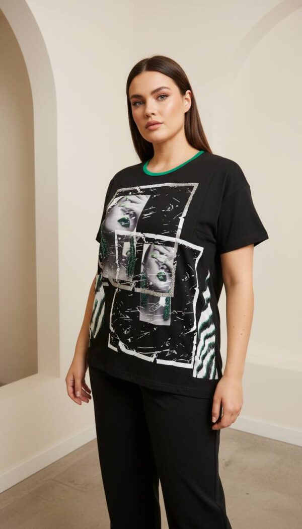 Women's Modern Graphic Print Blouse with Green Trim