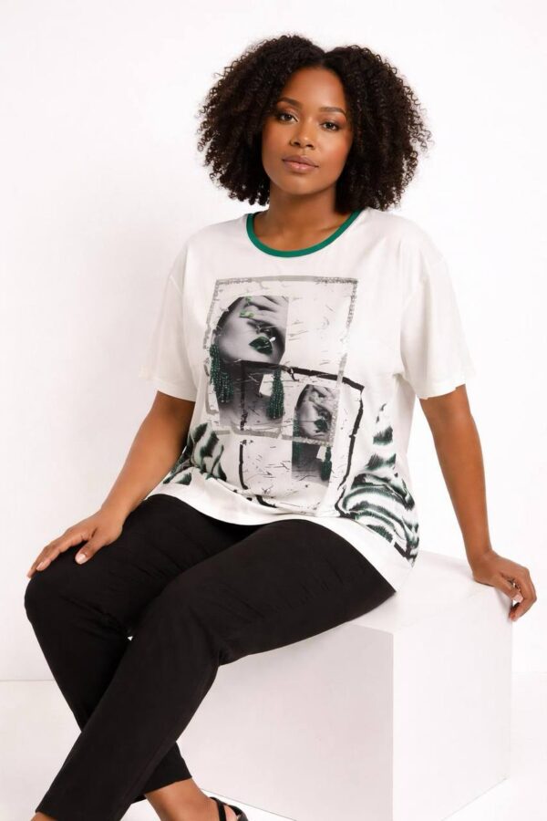 Women's Modern Graphic Print Blouse with Green Trim