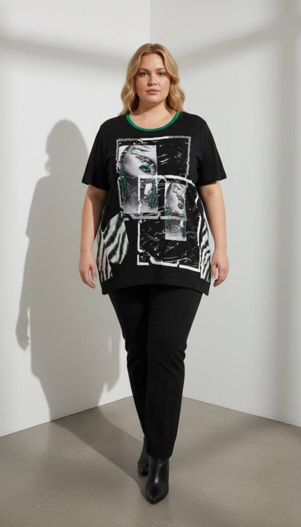 Women's Modern Graphic Print Blouse with Green Trim