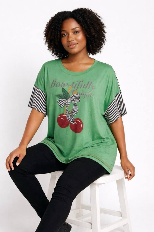 Cherry Graphic Oversized Blouse with Striped Sleeves