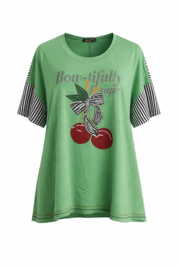 Cherry Graphic Oversized Blouse with Striped Sleeves