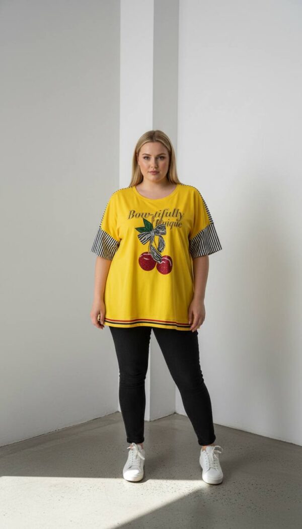 Cherry Graphic Oversized Blouse with Striped Sleeves