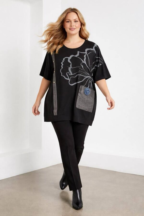 Artistic Floral Print Black Relaxed Fit Blouse