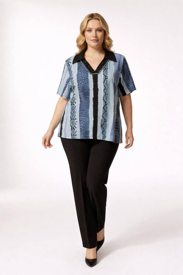 Elegant Snake Print Blouse with Embellished V-Neck