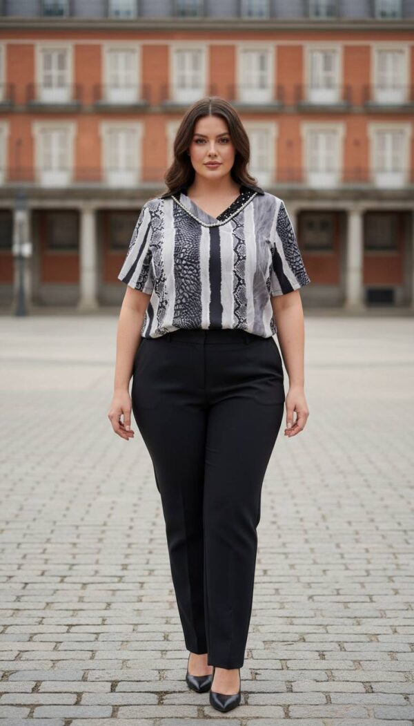 Elegant Snake Print Blouse with Embellished V-Neck