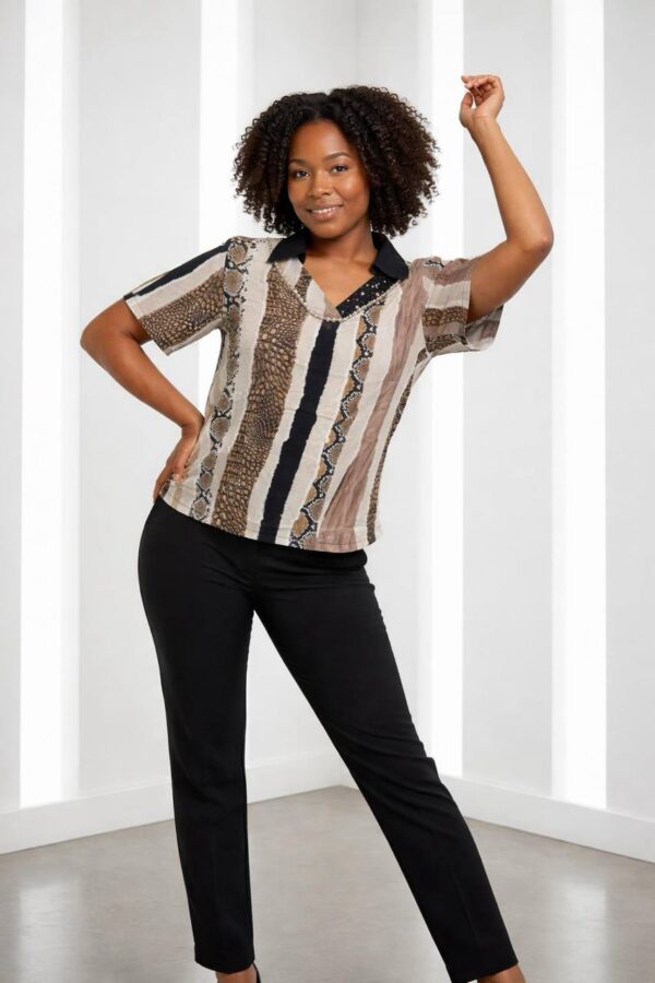Elegant Snake Print Blouse with Embellished V-Neck