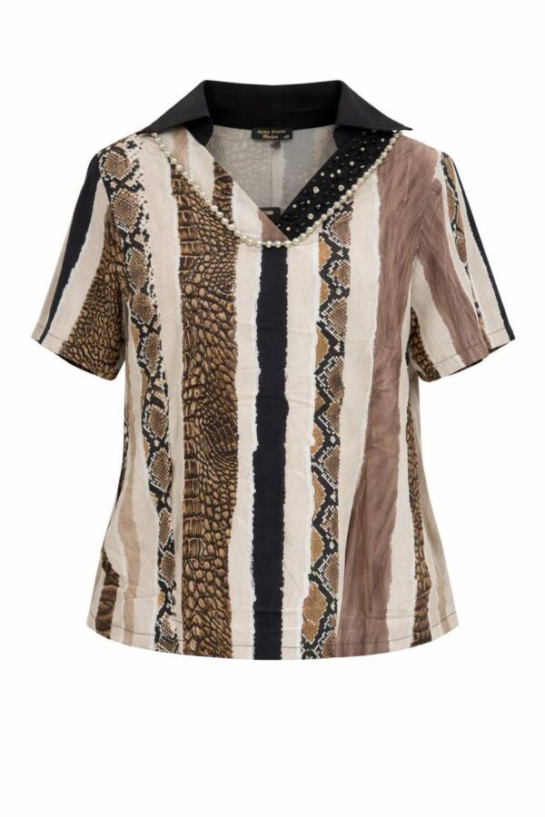 Elegant Snake Print Blouse with Embellished V-Neck