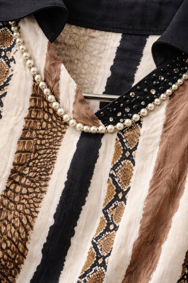 Elegant Snake Print Blouse with Embellished V-Neck