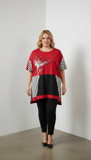 Red Floral Striped Color-Block Women's Oversized Blouse