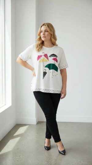 Elegant Umbrella Graphic Blouse with Polka Dot Trim