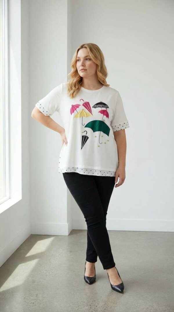 file_1465-1.jpg Elegant Umbrella Graphic Blouse with Polka Dot Trim