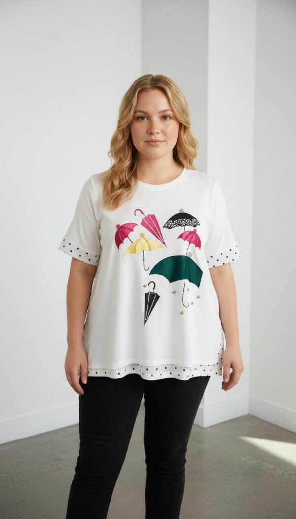 file_1466.jpg Elegant Umbrella Graphic Blouse with Polka Dot Trim