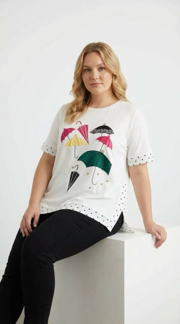 file_1468.jpg Elegant Umbrella Graphic Blouse with Polka Dot Trim