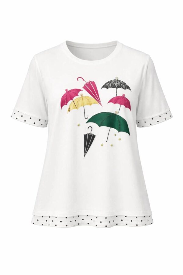 file_1469.jpg Elegant Umbrella Graphic Blouse with Polka Dot Trim