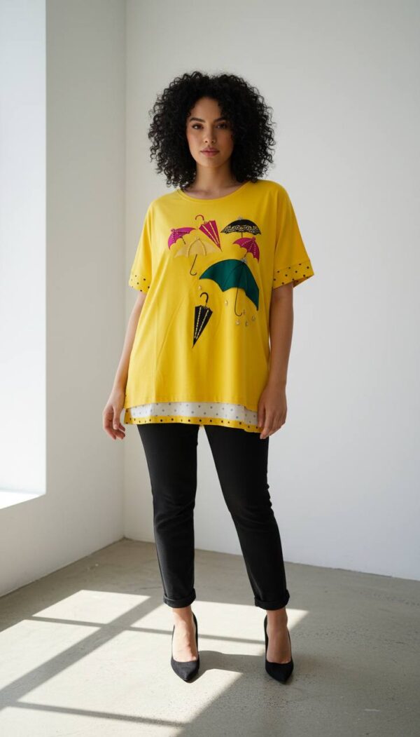 file_1470.jpg Elegant Umbrella Graphic Blouse with Polka Dot Trim