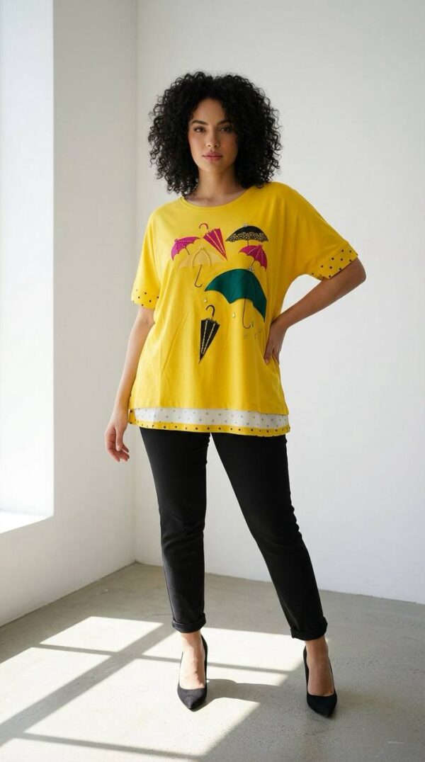 file_1471.jpg Elegant Umbrella Graphic Blouse with Polka Dot Trim