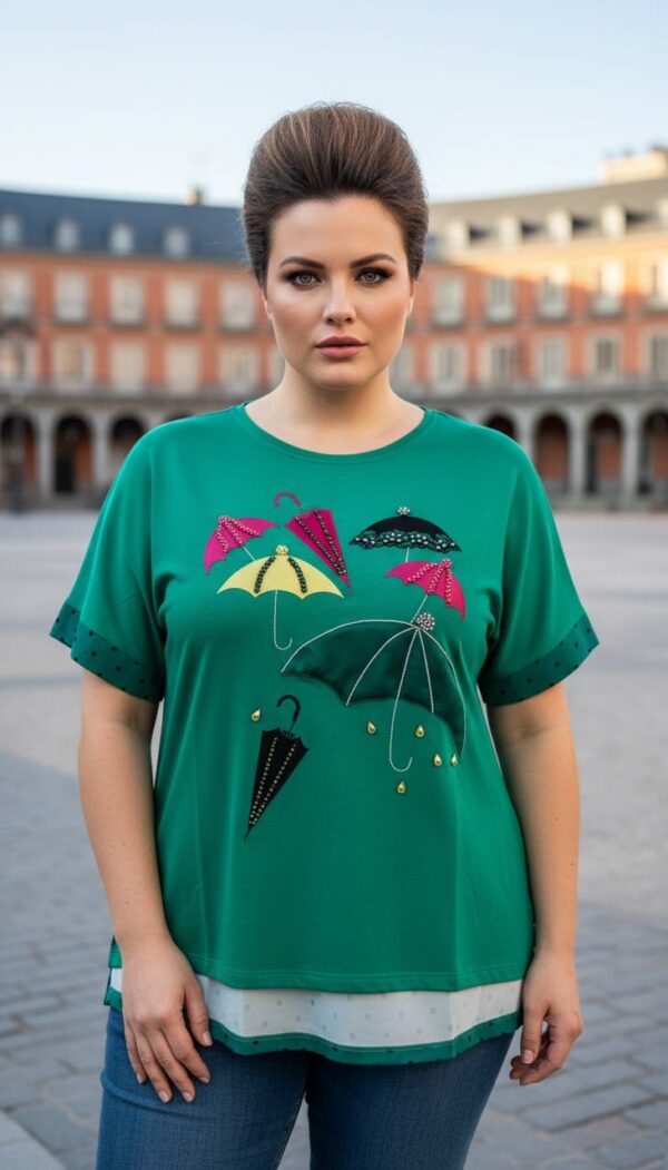 file_1473.jpg Elegant Umbrella Graphic Blouse with Polka Dot Trim