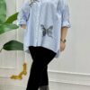 file_2090.jpg Striped Butterfly Applique Embellished Oversized Shirt