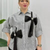 Elegant Striped Button-Down Shirt with Embellished Bows