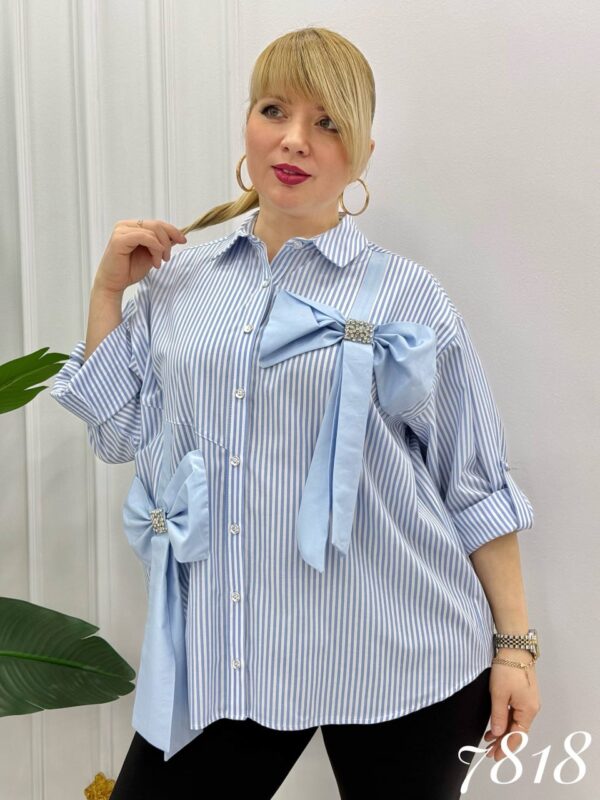 Elegant Striped Button-Down Shirt with Embellished Bows