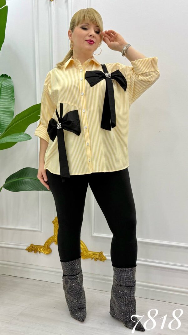 Elegant Striped Button-Down Shirt with Embellished Bows