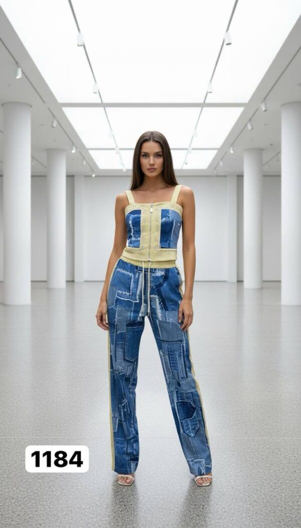 Women's Denim Patchwork Two-Piece Set Crop Top Joggers