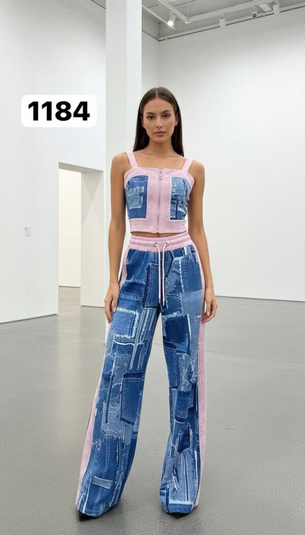 Women's Denim Patchwork Two-Piece Set Crop Top Joggers