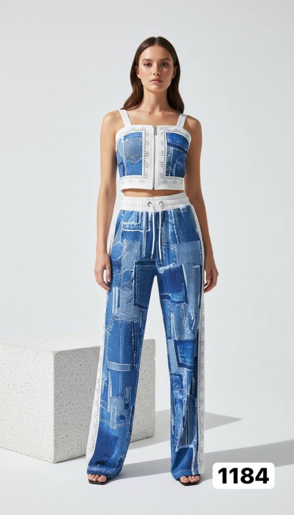 Women's Denim Patchwork Two-Piece Set Crop Top Joggers