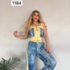 Women's Denim Patchwork Two-Piece Set Crop Top Joggers
